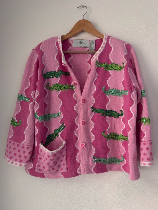 Design Options Tops - Vintage Design Options Alligator Pink Green Beaded Embroidered Art Wear 90s M